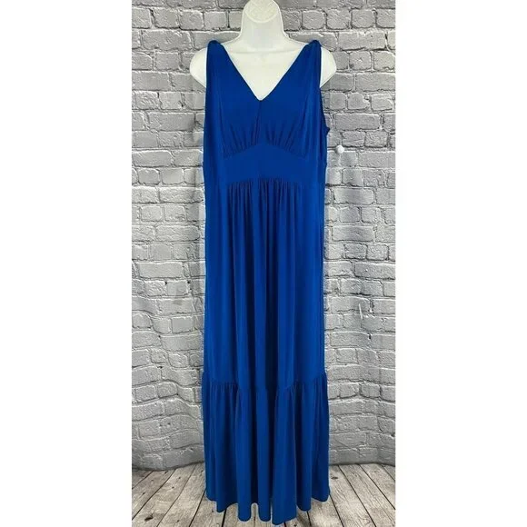 Travelsmith Blue Blue Ruffle Hem Knit Knotted Straps Maxi Dress Size M - Picture 2 of 11